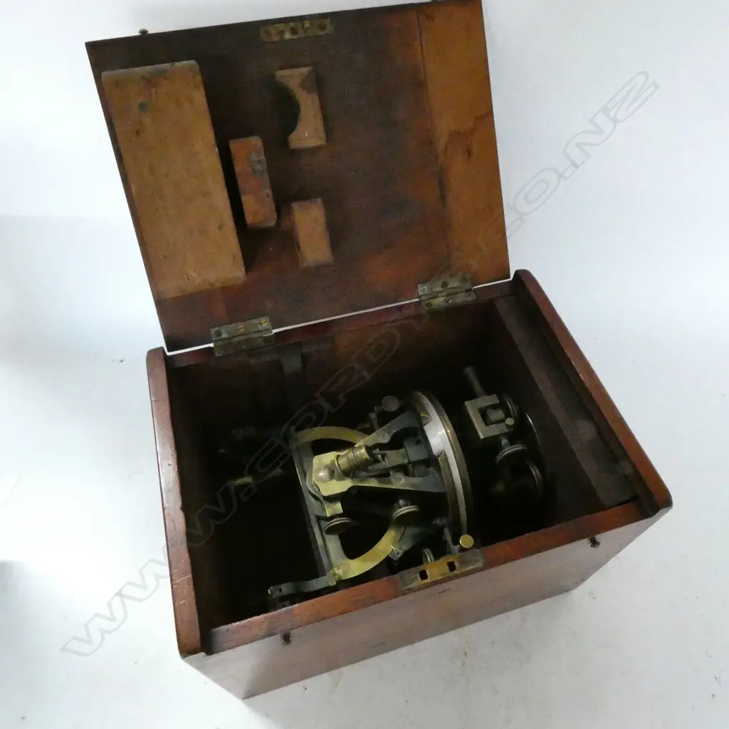 TROUGHTON & SIMMS BRASS THEODOLITE, w 10½" TELESCOPE, IN MAHOG BOX, w LEATHER TRAVEL CASE Image 1++